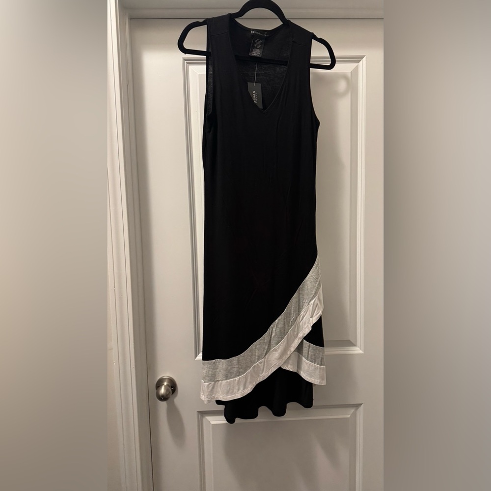 Design History Asymmetrical Black Dress with White Trim